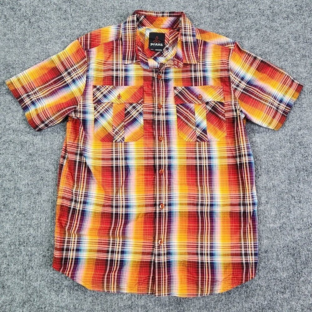 Prana Shirt Mens Medium Red Orange Plaid Organic Pockets Hiking Outdoors Camping
